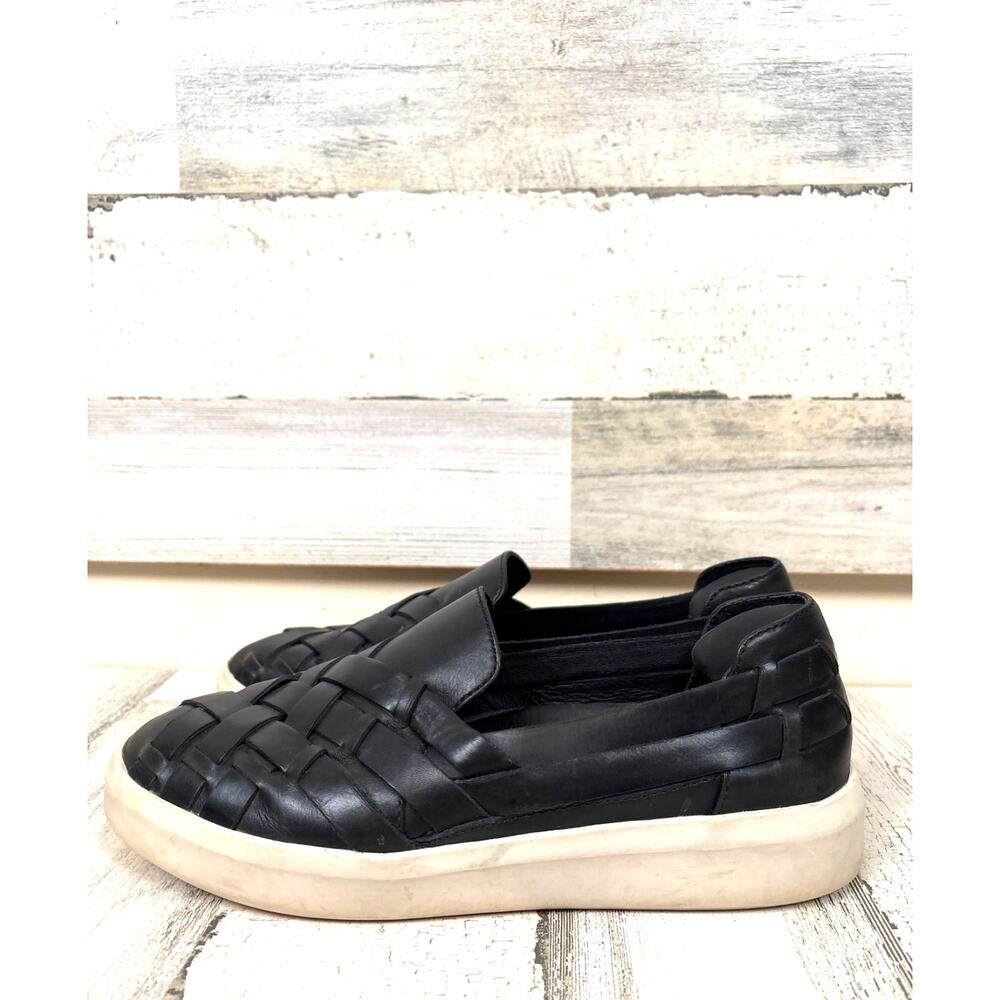 FRYE Womens 8 Black Leather Woven Huarache Slip On Platform Sneakers Shoe